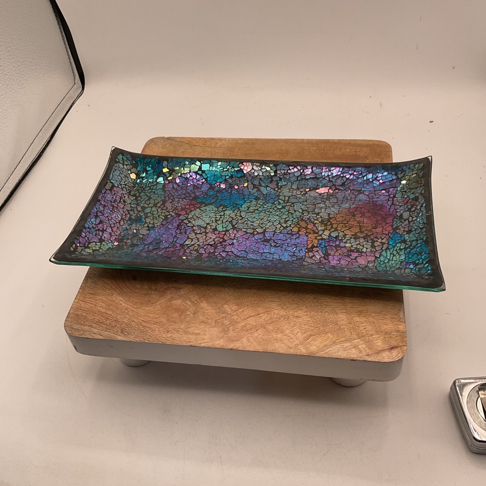 Iridescent Mosaic Ceramic Catch-All Tray,Decorative Accent and Centerpiece Plate